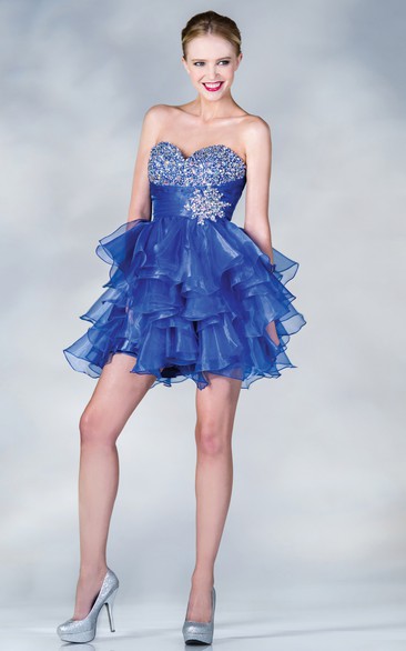 A-Line Short Sweetheart Sleeveless Organza Dress With Beading And Ruffles