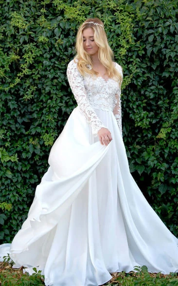 Modest Lace Long Sleeve Empire Chiffon A-line Wedding Dress