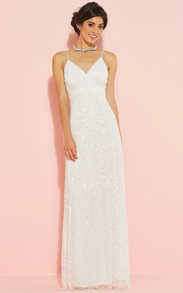 Sheath V-neck Sleeveless Floor-length Lace Wedding Dress with Spaghetti Straps and Sequins