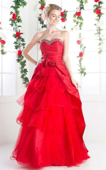 A-Line Lace-Up Floral Tiered Sweetheart Strapless Tulle Sleeveless Satin Dress