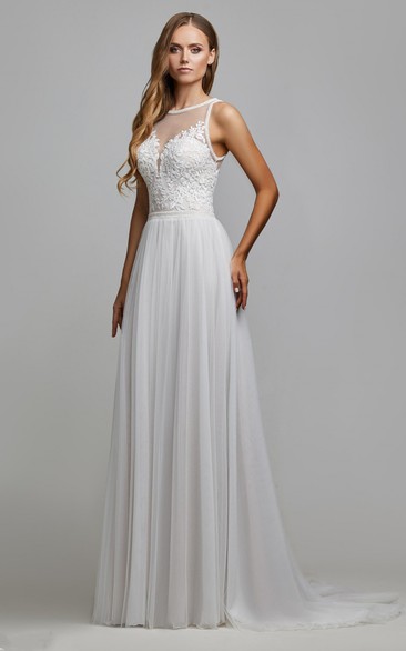 Simple Tulle A Line Wedding Gown with Appliques and Ruching