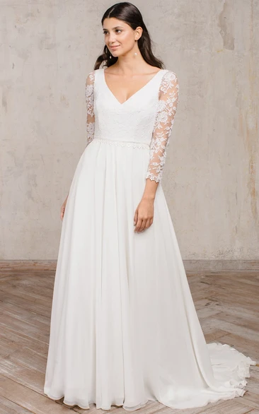 Romantic A Line V-neck Chiffon Floor-length 3/4 Length Sleeve Wedding Dress with Ruching