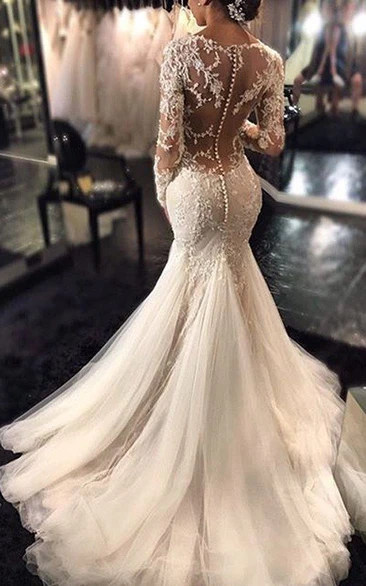 Illussion Mermaid V-neck Long Sleeves Ethereal Lace Tulle Wedding Dresses