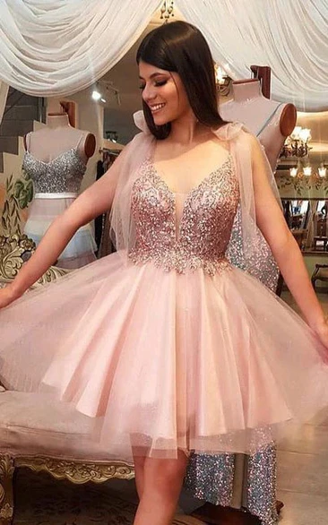 Sexy Plunged Bow Empire A-line Short Homecoming Beaded Prom Dress