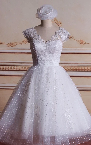Tea-Length Lace Bridal Ball-Gown Princess Satin Tulle Dress