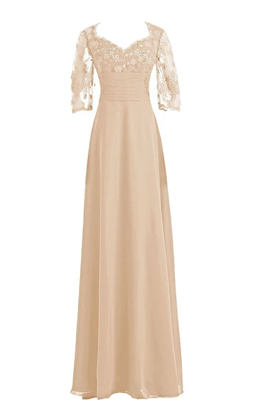 Full-Length Ruched Waist Lace-Sleeve Long Gown