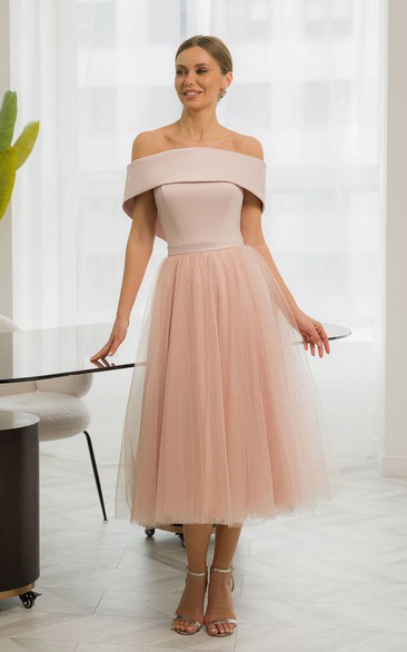 Elegant Off-the-shoulder Satin Tulle A-line Tea-length Dress