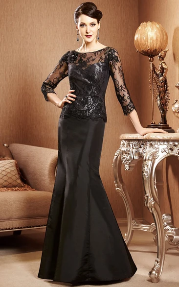 Illusion Lace Bodice Fishtail Long-Sleeved Gown