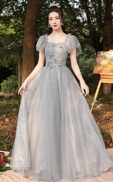 Square High Neck V-neck Tulle Floor-length Formal Dress With Appliques and Ruffles