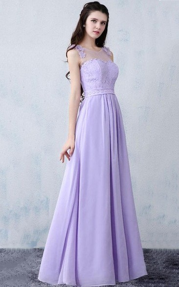 Scoop-neck Sleeveless A-line Chiffon Dress With Lace top