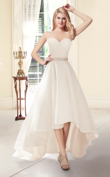 Sweetheart Criss cross Ruched A-line High-low Wedding Dress With Jeweled Waist