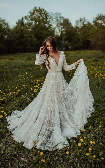 Sexy Boho Country Empire A-line Lace Long Sleeve Wedding Dress