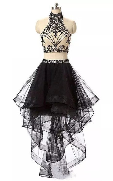 Sleeveless Two Piece High-low High Neck Beading Pleats Ruffles Tulle Homecoming Dress