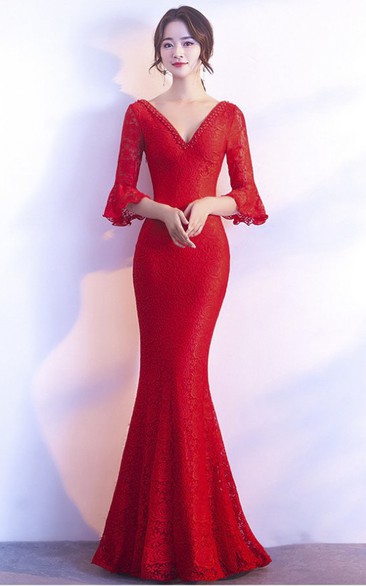 Sexy 3/4 Poet Sleeve Mermaid Gown With Deep V-neck And Straps Back