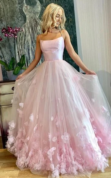 Spaghetti Tulle Pink Empire A-line Floral Prom Dress