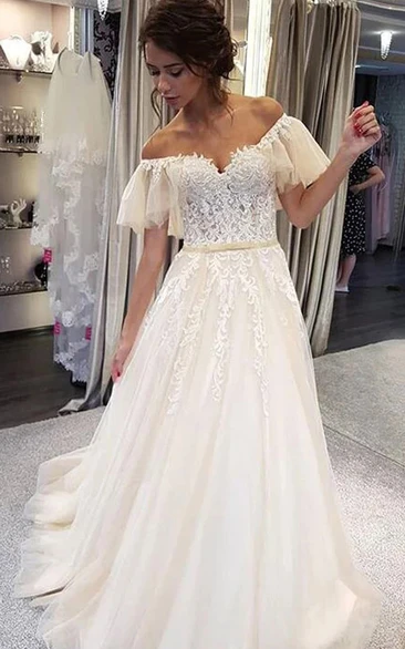 Off-the-shoulder A-line Lace Applique Adorable Wedding Dress with Low-v Back