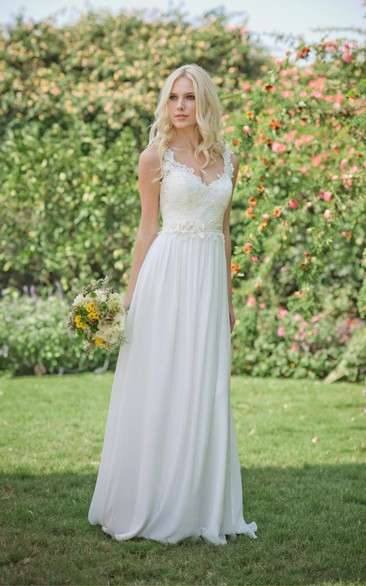 Chiffon Jewel Floral Bridal Floor-Length Long Lace Dress