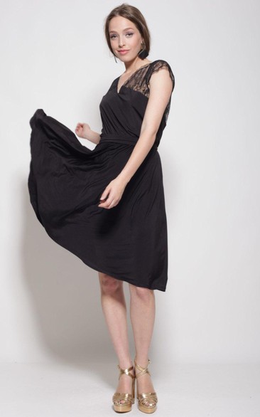 V-neck Lace Cap-sleeve short Chiffon Dress With Illusion And bow