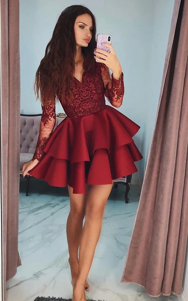 V-neck Satin Lace Long Sleeve Short Homecoming Dress with Ruffles and Tiers