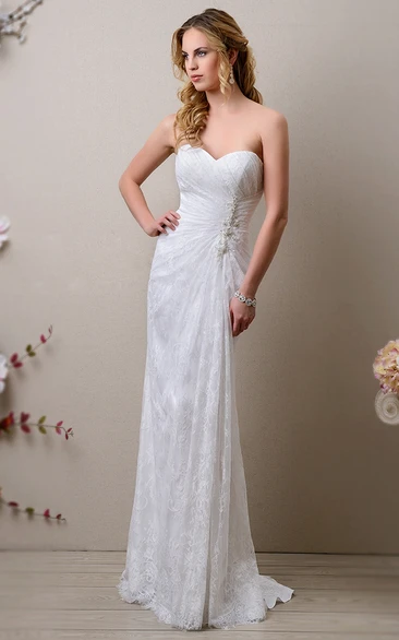 Sheath Sweetheart Sleeveless Floor-length Lace Wedding Dress with Beading and Ruching