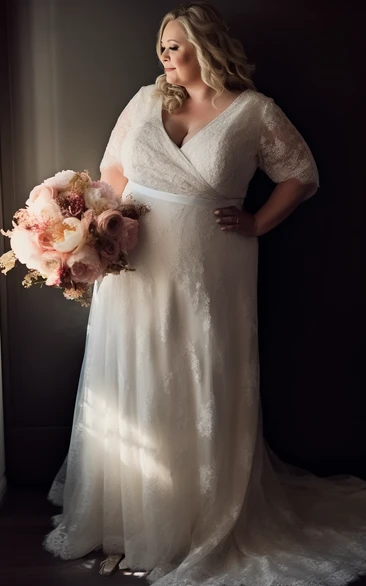 Lace Half-sleeve Sheath Empire V-neck Plus Size Wedding Dress