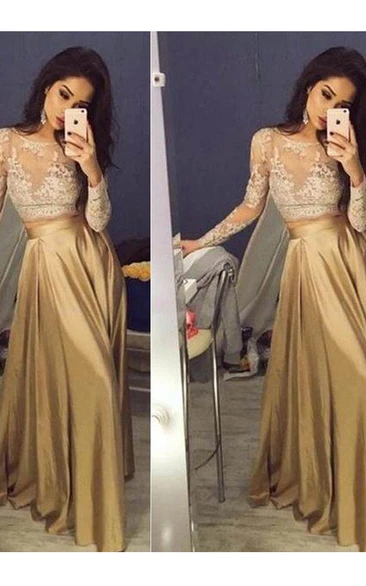 Jewel Satin Lace Long Sleeve Floor-length  Dress