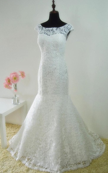 Lace V-Back Cap-Sleeve Bateau-Neckline Wedding Gown