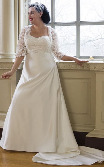 A-line Strapless Half Sleeve Floor-length Satin Wedding Dress with Corset Back and Cape