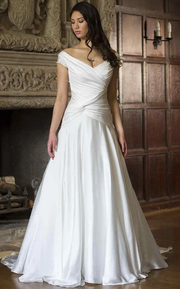 Ball Gown V-neck Short Sleeves Floor-length Satin Chiffon Wedding Dress with Low-V Back and Ruching