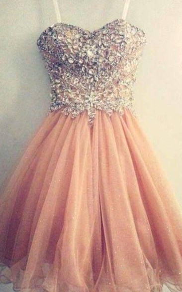Gorgeous Sweetheart Spaghetti Strap Homecoming Dress Beadings Crystals Short Prom Gowns