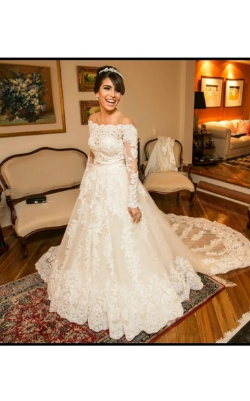 Off-the-shoulder Lace Tulle Illusion Long Sleeve Wedding Gown