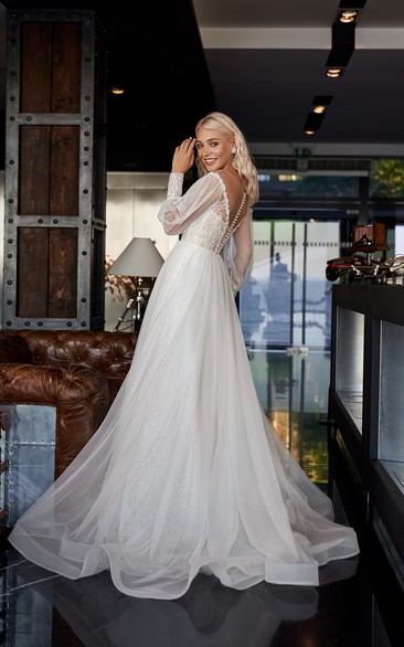 Off-the-shoulder Puff-long-sleeve Lace Empire A-line Wedding Dress