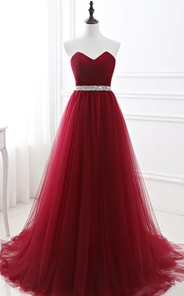Strapless Tulle Sleeveless Floor-length Brush Train Lace-up Back Formal Dress with Pleats