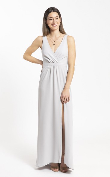 Sheath Chiffon Front Split Bridesmaid Dress With Plunging Neckline And Ruched Details