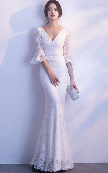 Sexy 3/4 Poet Sleeve Mermaid Bridal Gown With Deep V-neck And Straps Back