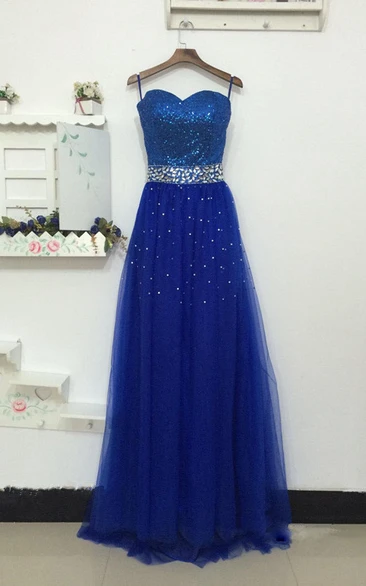 A-line Maxi Sweetheart Tulle Dress With Beading And Sequins