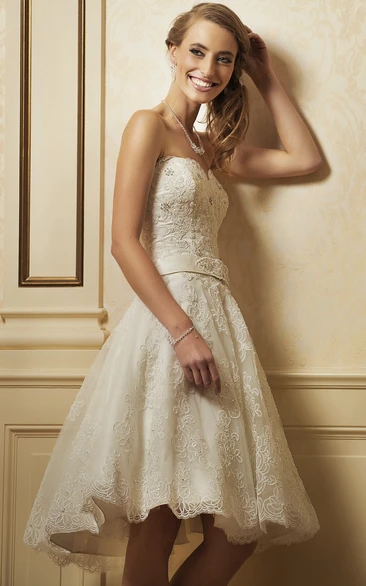 A-line Sweetheart Sleeveless Short Lace Wedding Dress with Corset Back and Belt