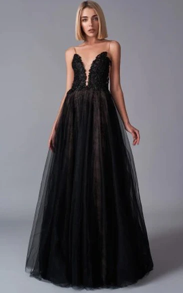 Ethereal Floor-length Train Sleeveless Deep-V Back Tulle A Line Evening Dress with Ruching