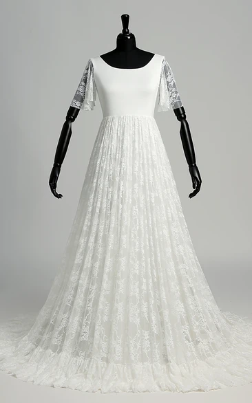 A-line Satin Lace Scoop Floor-length Sweep/Brush Train Short Sleeve Pleats Wedding Dress
