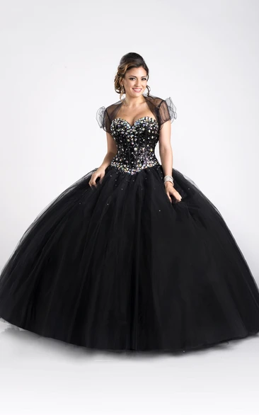 A-Line Removable Cap Crystal-Bodice Sleeveless Tulle Ball Gown
