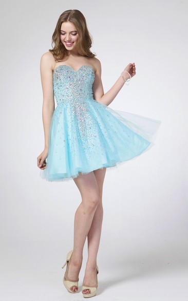 A-Line Jeweled Mini Sweetheart Tulle Sleeveless Satin Dress