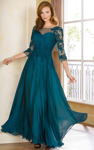 Bateau Illusion 3-4-sleeve Mother of the Bride Dress With Appliques
