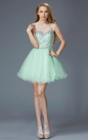 A-Line Illusion Sequined Short Mini Sleeveless Scoop-Neck Tulle Dress