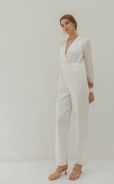 Plunging Neck Empire Sash Satin Bridal Jumpsuit