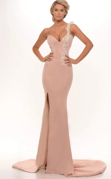 One-shoulder Jersey Split Front evening Gown With Sweep Train 