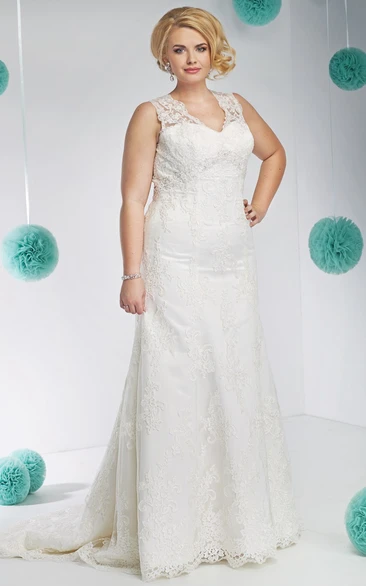 V-neck Sleeveless Lace Appliques plus size Wedding Dress With Keyhole