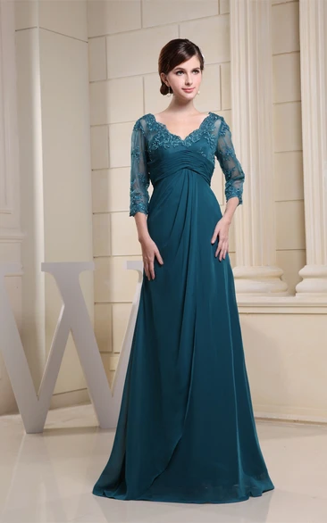 Appliqued Illusion Sleeve High-Waist V-Neckline Gown