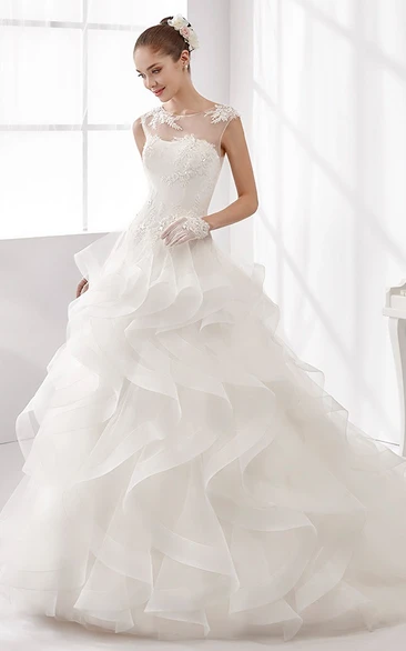 Ball Gown Scoop Sleeveless Floor-length Tulle Wedding Dress with Illusion and Ruffles