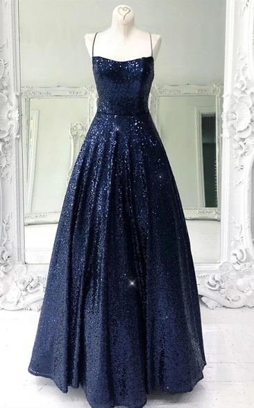 Modern A Line Spaghetti Floor-length Sleeveless Sequins Prom Dress with Open Back