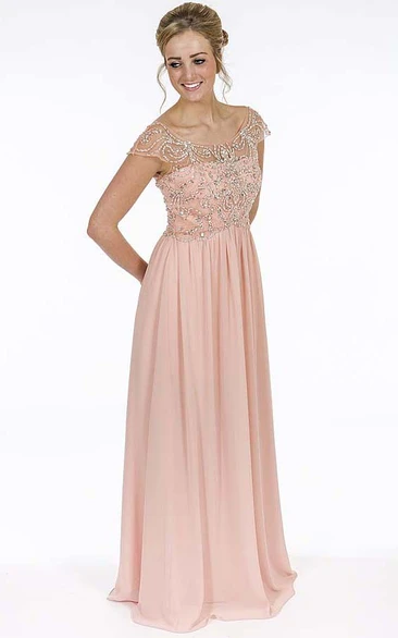 A Line Scoop Cap-Sleeve Floor-length Chiffon Evening Dress with Low-V Back and Beading